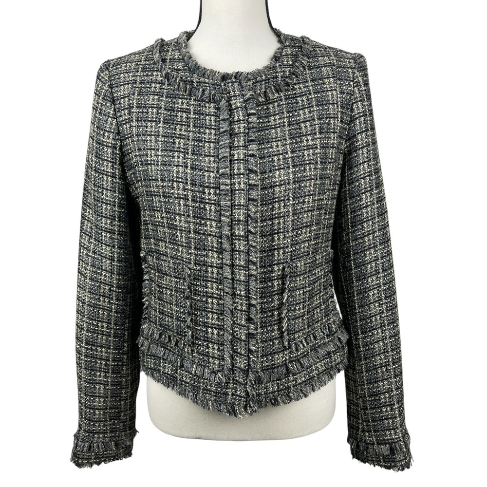 Tommy Hilfiger Women's Tweed Blazer Jacket Size 6 Black Zip Front Fringe Trim